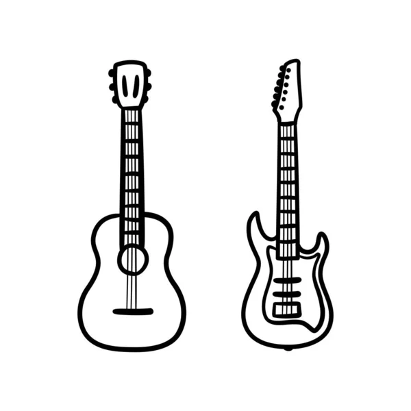 Las Guitarras Acústicas Eléctricas Establecen Estilo Doodle Ilustración Vectorial Aislada — Vector de stock