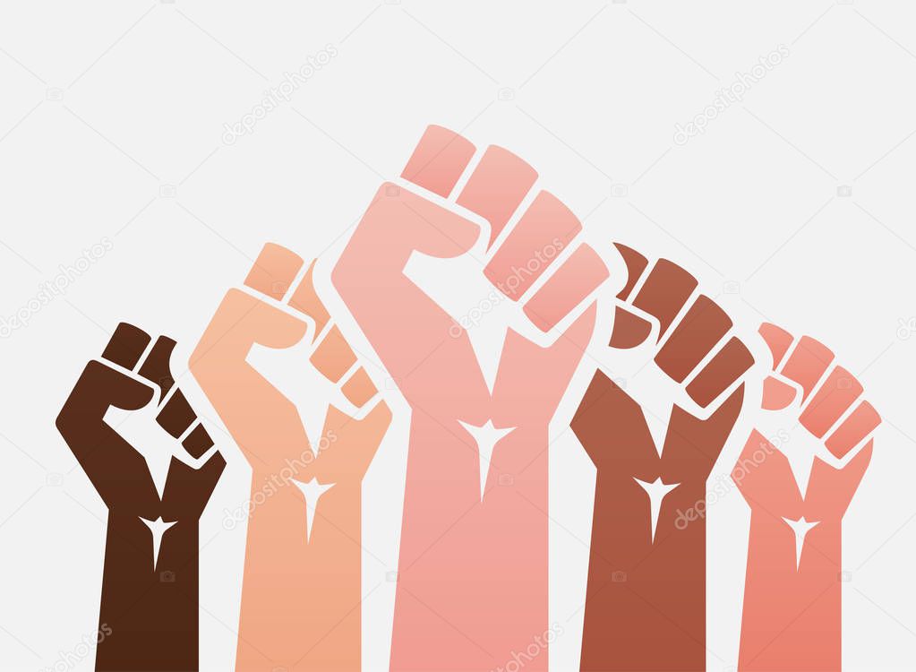 Raised colored fists set background - isolated vector illustration