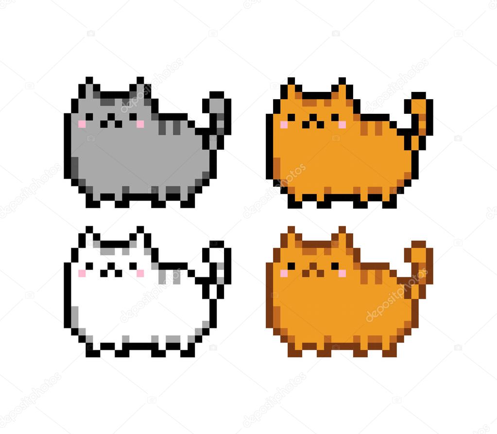 Cute kitten domestic pet pixel art set - isolated vector illustration