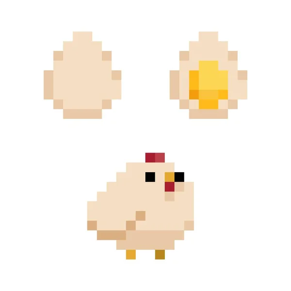 Pixel Huhn Und Eier Isolierte Vektorillustration — Stockvektor