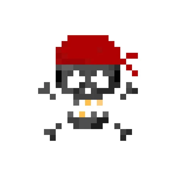 Pixel Arte Pirata Cráneo Humano Con Vendaje Rojo Ilustración Vectorial — Archivo Imágenes Vectoriales