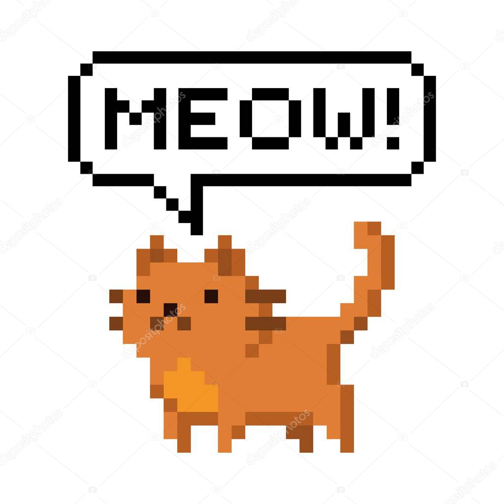 Cute red kitten domestic pet pixel saying meow - isolated vector