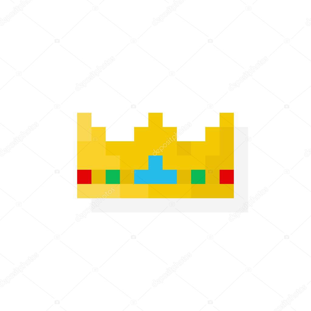 Pixel art gloden crown with jewels - isolated vector illustration