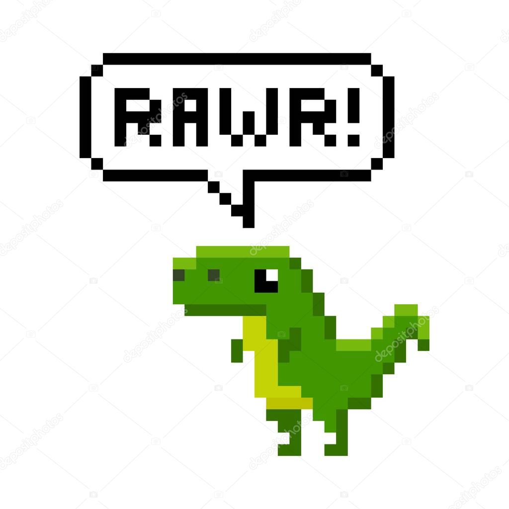 Pixelated cartoon dinosaur saying rawr - isolated vector illustration