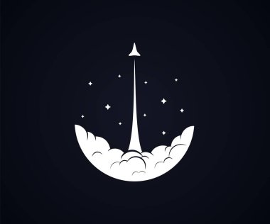 Gökyüzünde duman ve yıldızların siyah arkaplanlı roket / mekik fırlatması - izole Vektör İllüstrasyonu