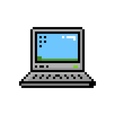 Piksel sanat tarzı küçük laptop masaüstü 8 bit simgesi - izole vektör illüstrasyonu