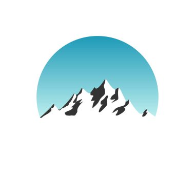 Beyaz arkaplan logosu üzerinde mavi gün ışığı gökyüzü dairesindeki güzel dağ silueti - izole vektör çizimi