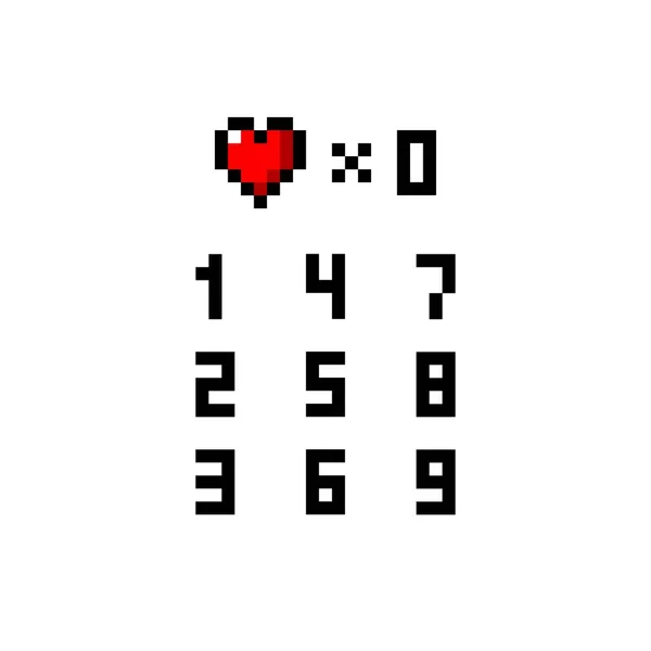 Pixel Art Bit Arcade Heart Life Numbers Font Set Ilustração — Vetor de Stock