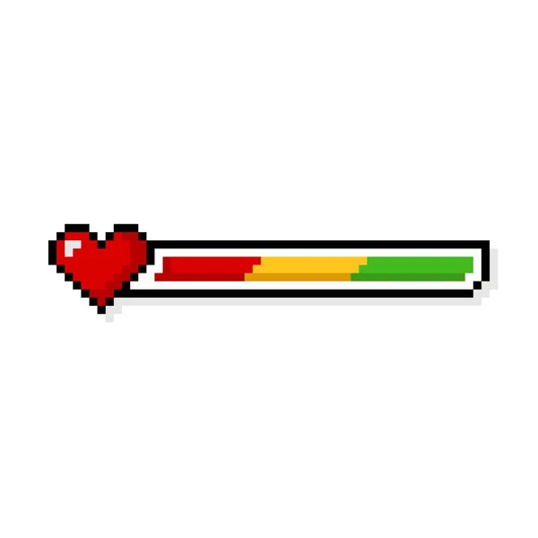 Pixel Art Bit Červená Žlutá Zelená Zdravotní Srdce Bar Izolované — Stockový vektor