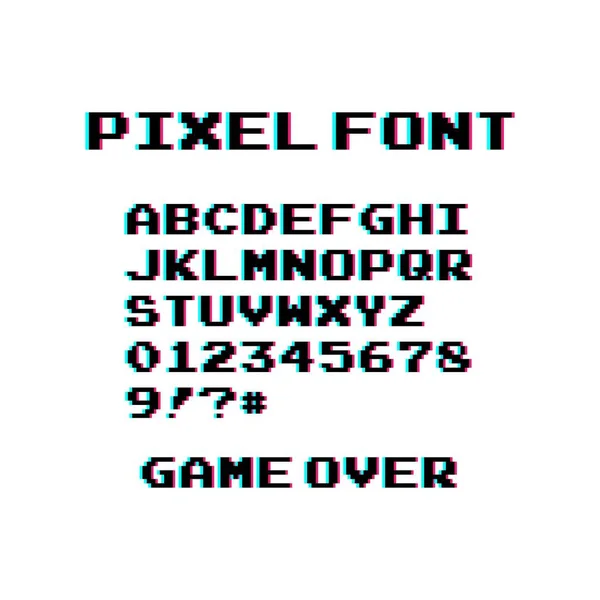 Pixel Lettertype Bit Met Symbolen Tekst Spel Geïsoleerde Vector Illustratie — Stockvector