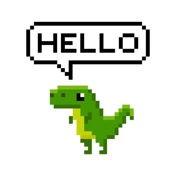 Pixel Kunst Bit Cartoon Dinosaurier Hallo Sagen Isolierte Vektorillustration — Stockvektor