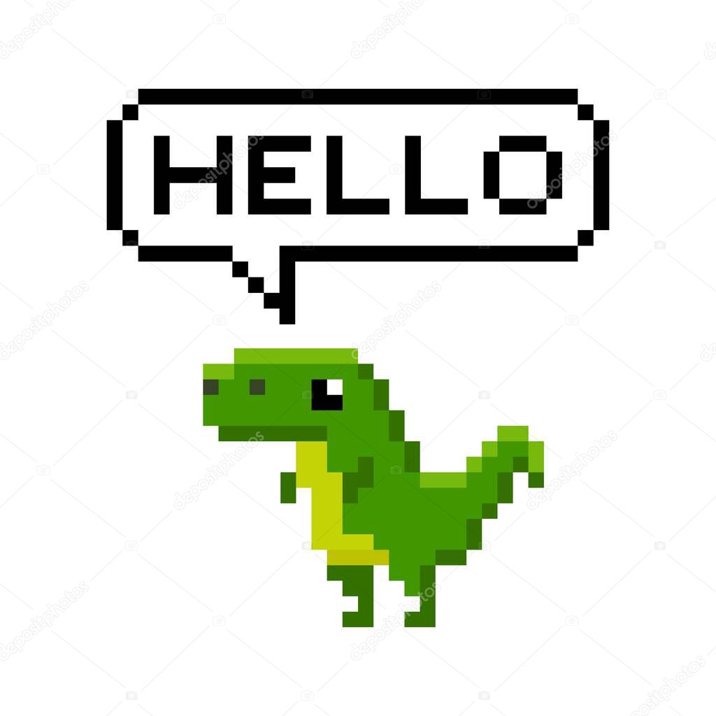 Pixel art 8-bit cartoon dinosaur saying hello - isolated vector illustration