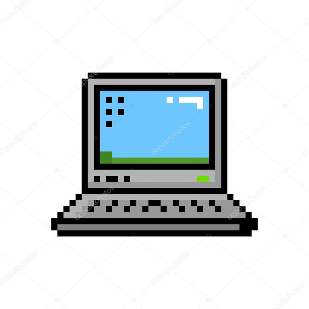 Pixel art style small laptop desktop 8 bit icon - isolated vector illustration