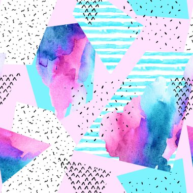 Geometrik şekillerle soyut Dikişsiz desen arka plan karalamalar, çizgiler, su renk dokular ile dolu. El öğeleri vanilya renklerde çekilmiş. Suluboya resim illüstrasyon