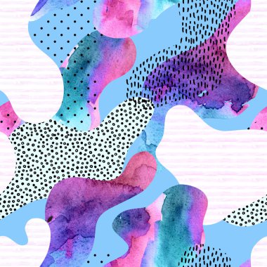 Doodle, asgari unsurlar ile soyut eğrisi Şekil arka plan. Yumuşak viraj şekli sulu boya çizgili doku sorunsuz desenle doldurulmuş hali. El boyalı su renk illüstrasyon