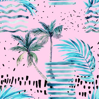 Soyut yaz sorunsuz desen. Suluboya palmiye ağacı, yapraklar, grunge dokular, doodle, fırça darbeleri. Minimalist tarzda su rengi arka plan. Pembe üzerine el boyaması tropikal illüstrasyon