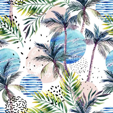 Soyut yaz geometrik dikişsiz desen. Suluboya palmiye ağacı, yaprak, mermer, grunge doku ile geometrik şekiller. Retro vintage 80s su rengi arka plan - 90s. El boyaması plaj illüstrasyon