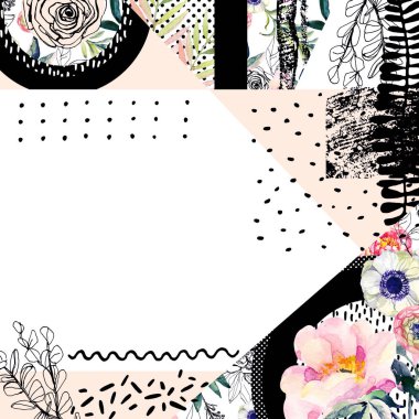 Suluboya Bahçe arka plan. Çiçek elemanları ile geometrik şekiller: çiçek ve yaprak, grunge dokular, karalamalar. El boyalı renkli doğal resimde