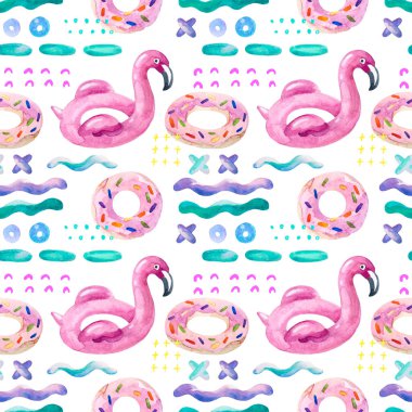 Sulu boya Dikişsiz desen çizgi film havuzlu minimal tarzda yüzer. Su renk flamingo havuzu float, 90s 80s üzerinde yüzen çörek lilo arka plan. El boyalı yaz tatil illüstrasyon