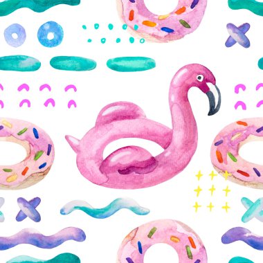 Sulu boya Dikişsiz desen çizgi film havuzlu minimal tarzda yüzer. Su renk flamingo havuzu float, 90s 80s üzerinde yüzen çörek lilo arka plan. El boyalı yaz tatil illüstrasyon