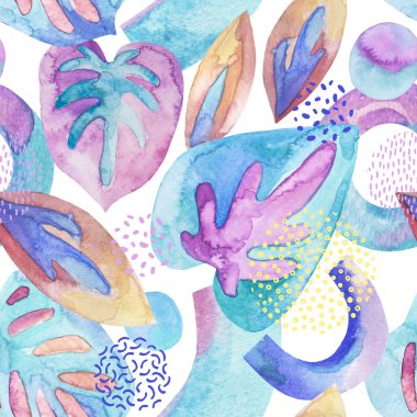 Tropikal yaprakların dekoratif arka planı, soyut geometrik şekiller, eğriler, suluboya çizgiler, mürekkep, karalama dokuları. El boyalı doğal illüstrasyon. Yaratıcı dikişsiz desen