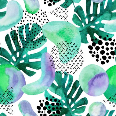 Suluboya tropikal yaprakları, geometrik şekiller ile Soyut dikişsiz desen - minimal grunge dokulu daire, yay, üçgen. 80'lerin 90'ların sanat stilinde geometrik arka plan. Elle çizilmiş yaz illüstrasyon