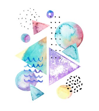 Suluboya, mürekkep ile geometrik öğelerin çizim, arka plan dokuları doodle. Elle çizilmiş geometrik şekiller bauhaus, memphis ve yenilikçi tarzı. Suluboya resim Gösterim amacıyla poster, üstbilgi