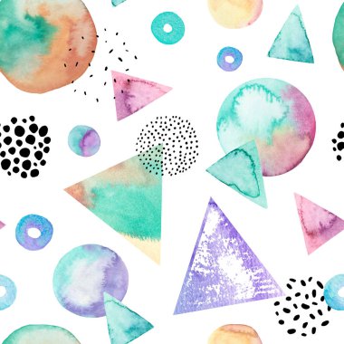 Soyut geometrik öğelerle suluboya, mürekkep çizim, dokular doodle. Çizilmiş geometrik şekiller arka plan el bauhaus, memphis, hippi tarzı. Suluboya resim illüstrasyon, seamless modeli