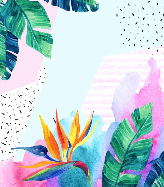 Abstract tropical summer design in minimal style. Watercolor exotic flowers, leaves, grunge textures, doodles. Water color background with 80s or 90s elements. Hand painted illustration