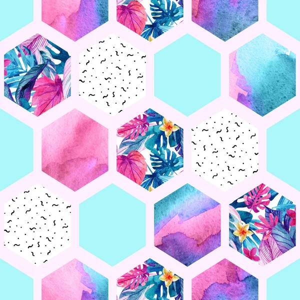 Aquarelle Hexagone Motif Sans Couture Avec Floral Éléments Ornement Géométriques — Photo