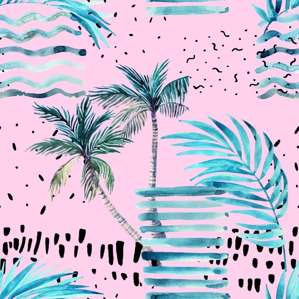 抽象的な夏のシームレスなパターン 水彩画のヤシの木 グランジテクスチャ 落書き ブラシストローク ミニマルなスタイルで水色の背景 ピンクに手描きのトロピカルイラスト — ストック写真