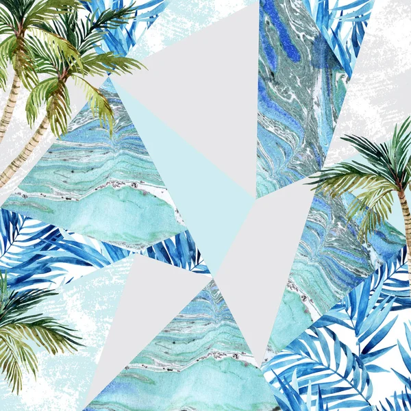 Abstract Watercolor Triangle Tropical Leaves Patchwork Pattern Geometric Shapes Palm — Stock Photo, Image