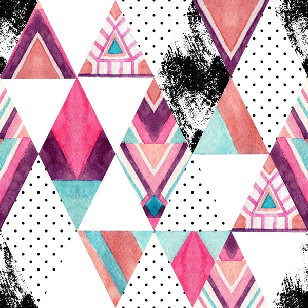 Watercolor ornate rhombuses seamless pattern. Geometric rhombus and triangle shapes with aztec ornament, grunge texture, polka dot. Hand painted colorful illustration in patchwork style