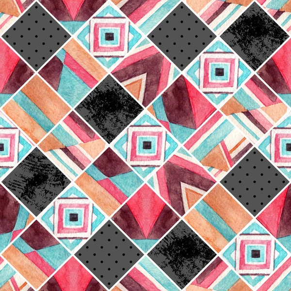 Abstraktní Čtverce Bezešvé Vzor Akvarel Geometrické Pozadí Stylu Patchwork Akvarel — Stock fotografie