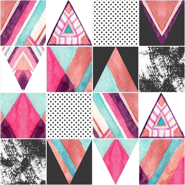 Abstrakte Quadrate Und Dreiecke Nahtlose Muster Aquarell Geometrischer Hintergrund Patchwork — Stockfoto