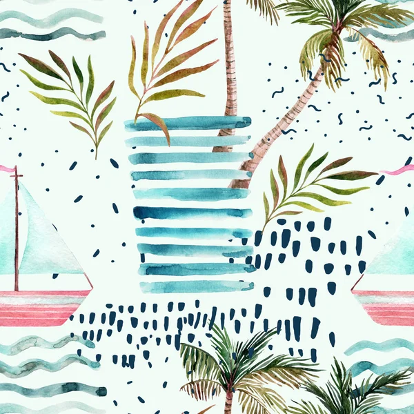 Abstract Summer Seamless Pattern Watercolor Sailboat Palm Tree Leaves Grunge — 스톡 사진