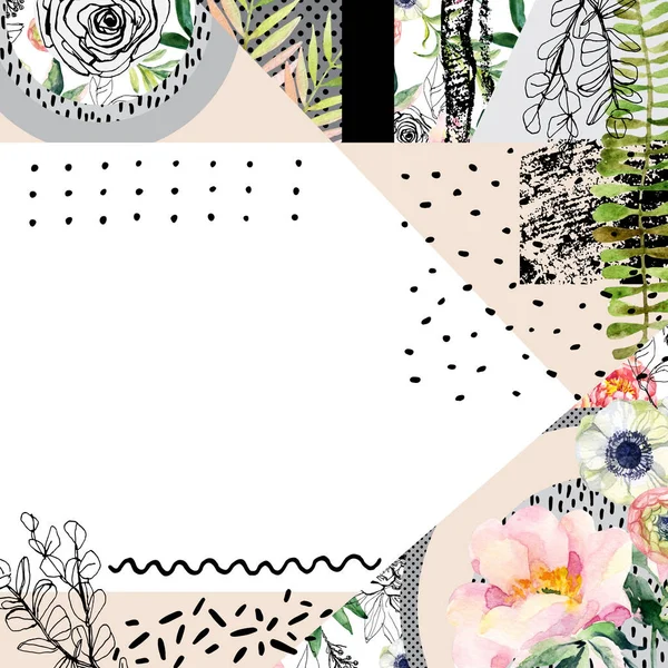 抽象水彩画花园背景 带有花卉元素的几何形状 花朵和树叶 粗糙的纹理 手绘五颜六色的自然例证 — 图库照片