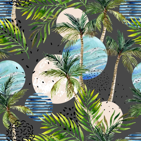 Αφηρημένο Καλοκαίρι Γεωμετρικό Μοτίβο Υδατογραφικά Φοινικόδεντρα Φύλλα Μάρμαρα Γκραντζ Πίνακες — Φωτογραφία Αρχείου