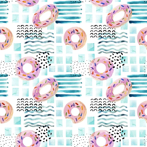 Watercolor seamless pattern with summer pool floats, doodle elements in minimal style. Water color ring donut lilo, swimming pool, geometric tile, ink elements Hand painted summer holiday illustration