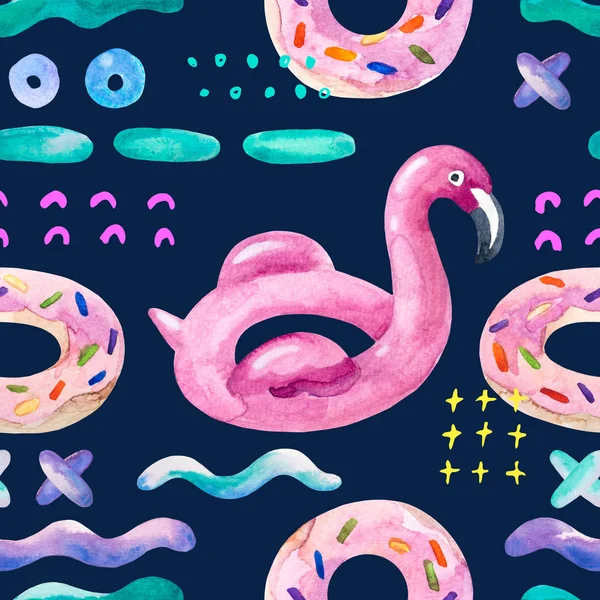 Watercolor seamless pattern with cartoon pool floats in minimal style. Water color flamingo pool float, donut lilo floating on 80s 90s background. Hand painted summer holiday illustration