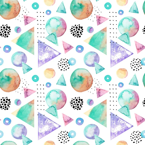 Abstract drawing of geometric elements with watercolor, ink, doodle textures. Hand drawn geometrical shapes background in bauhaus, memphis, hipster style. Watercolor art illustration, seamless pattern