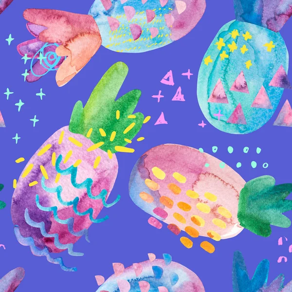 有趣的五颜六色的装饰菠萝与水彩纹理和绘画几何元素 凉爽的夏季无缝模式 手绘插图 艺术背景 — 图库照片