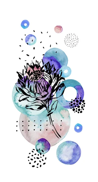 インクの熱帯の花水彩 落書きテクスチャとジオメトリの背景上に描画します 花の手描きのスケッチが咲き 最小限のスタイルで幾何学的図形 水彩アート イラスト — ストック写真