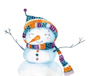 Beyaz arka planda izole çocukça tarzı suluboya karikatür kardan adam. Neşeli gülümseme ile kardan adam. El boyalı illüstrasyon Noel, yeni yıl, kış tasarımı için kullanılabilir