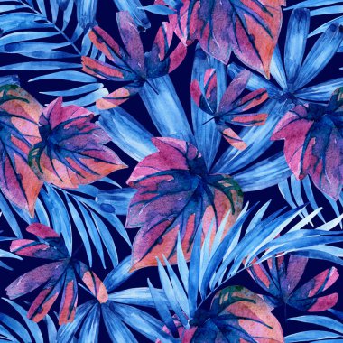 Suluboya mavi renkli tropikal yaprakları dikişsiz desen. El boyalı palmiye, monstera, karanlık arka plan üzerinde fan palmiye yaprağı. Yaz doğal tasarım için sanat illüstrasyon