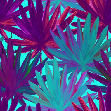 Suluboya tropikal parlak modern renklerde dikişsiz desen yaprakları. Suluboya renkli fan palmiye boyama bırakır. Yaz tasarımı için el boyaması illüstrasyon, doğal sanat arka plan