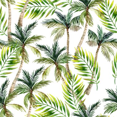 Suluboya palmiye ağacı ve iz bırakır. Tropik avuç arkası. El yapımı illüstrasyon, doğa sanatı