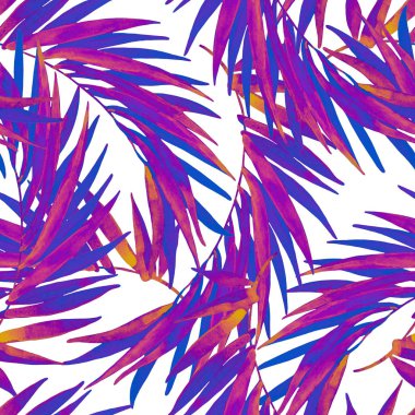 Suluboya tropikal yapraklar modaya uygun renklerde kusursuz desen oluşturuyor. Suluboya eğimli palmiye yaprakları modern tarzda resim yapar. Yaz tasarımı için elle boyanmış resimler, doğal arka plan.