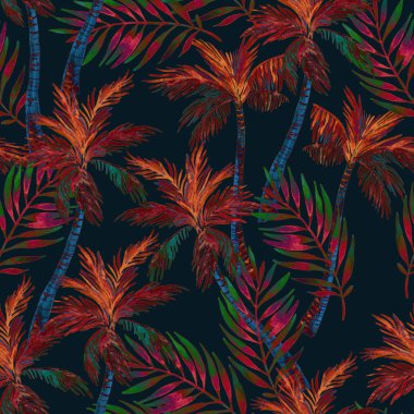 Soyut, koyu renkli, pürüzsüz palmiye deseni. Koyu arkaplanda parlak neon renkli suluboya tropikal ağaçlar. Çok renkli sanat çizimleri