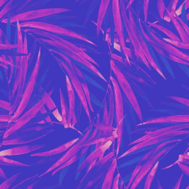 Suluboya tropikal yapraklar modaya uygun renklerde kusursuz desen oluşturuyor. Suluboya eğimli palmiye yaprakları modern tarzda resim yapar. Yaz tasarımı için elle boyanmış resimler, doğal arka plan.